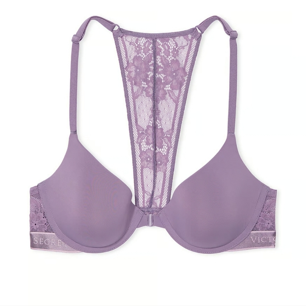 VICTORIA'S SECRET lightly lined front close lace trim demi bra plum 36C NWT